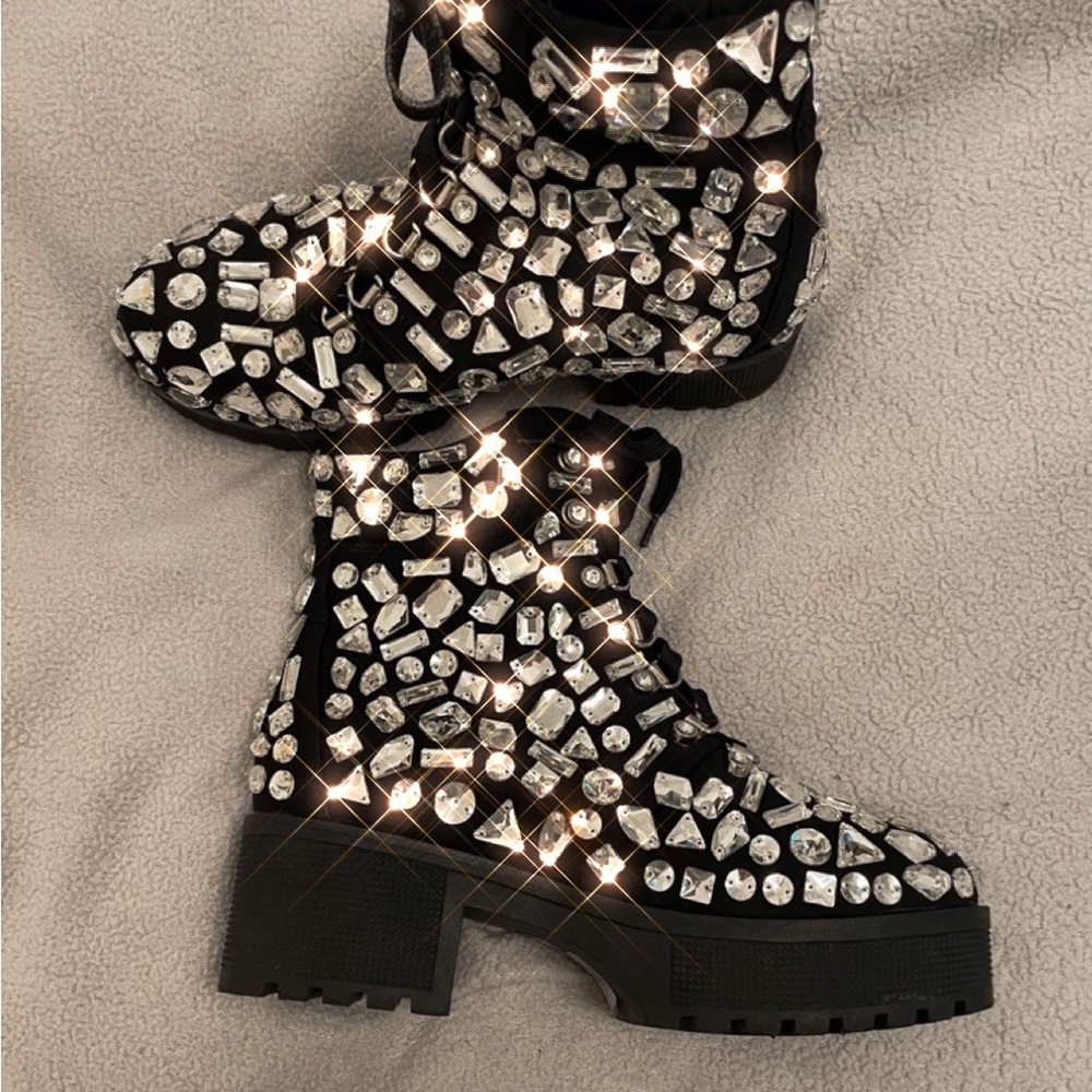 Size 9 RHINESTONE ZIP COMBAT BOOTS - Picture 4 of 8
